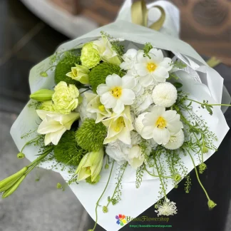 Green and white flower bouquet with white tulips and lilies in Hanoi