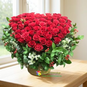 Heart shaped red rose arrangement