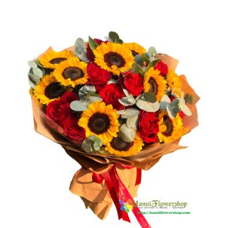 Purchase red rose and sunflower bouquet in Hanoi