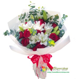 Red rose and white lily flower bouquet