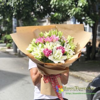 Order white and pink lily flower bouquet in Hanoi
