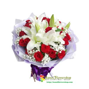 White lily and red rose bouquet