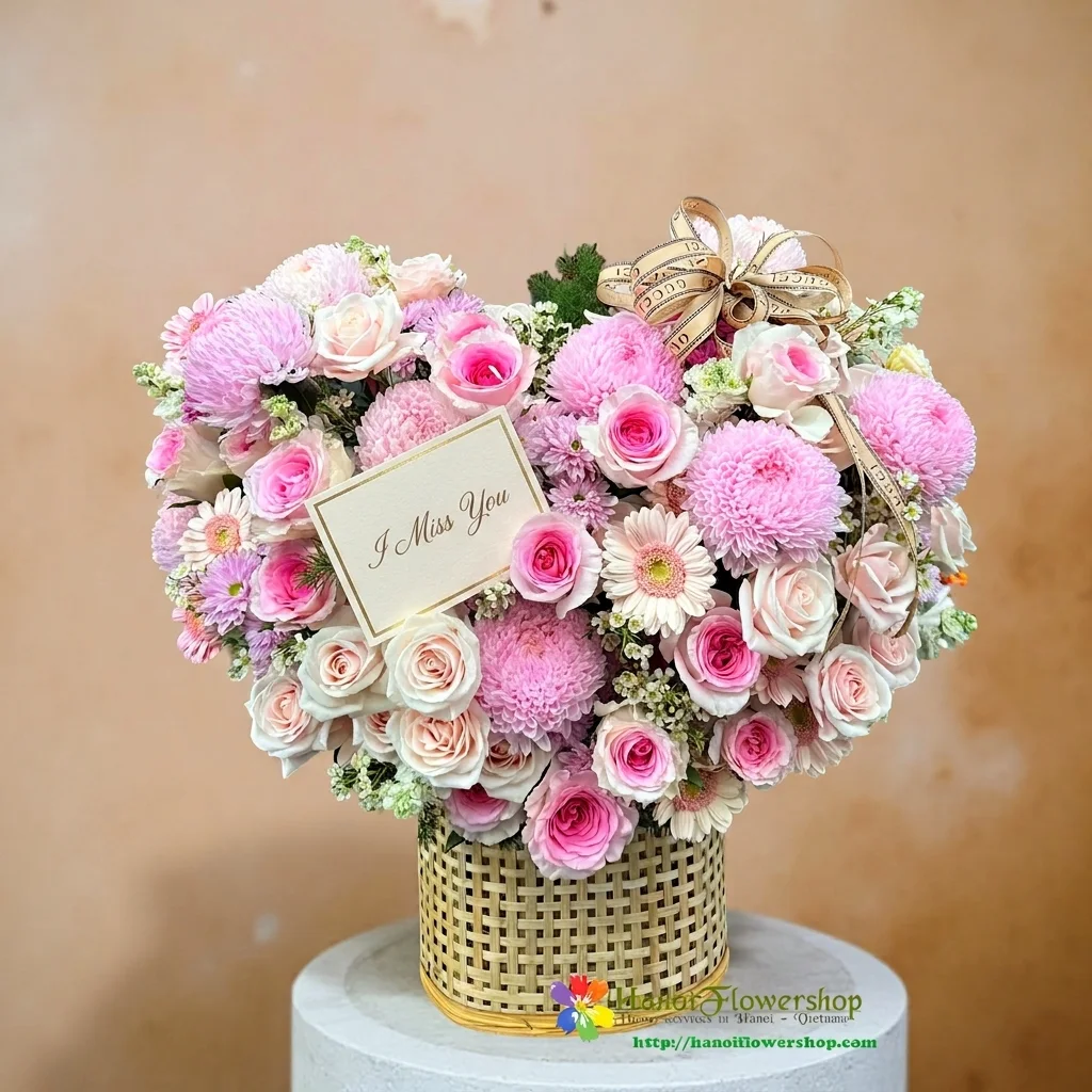 Heart-shaped flower basket with a greeting card