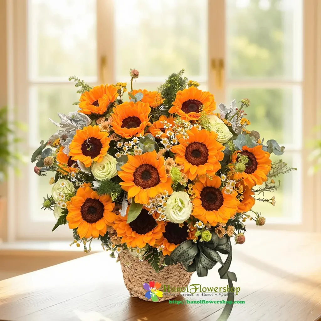 Vibrant sunflower flower basket for birthday delivery Hanoi